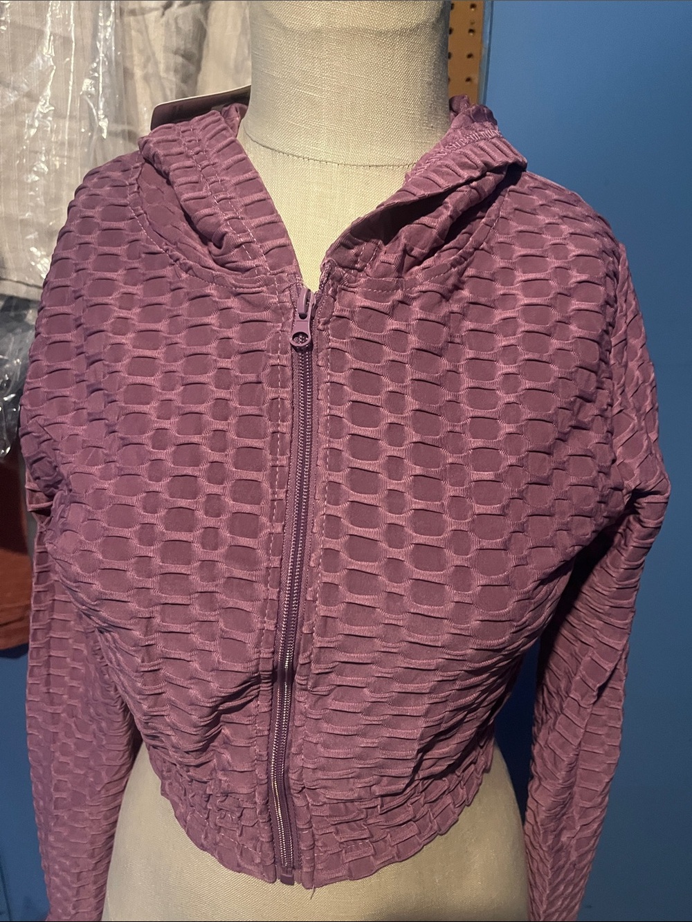 Women's Hooded Zip-Up Textured Jacket - Mauve